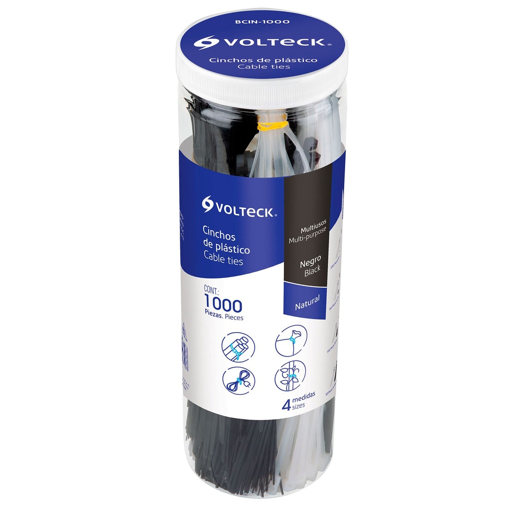 44016 / Bote con 1000 cinchos plásticos negros y naturales, Volteck