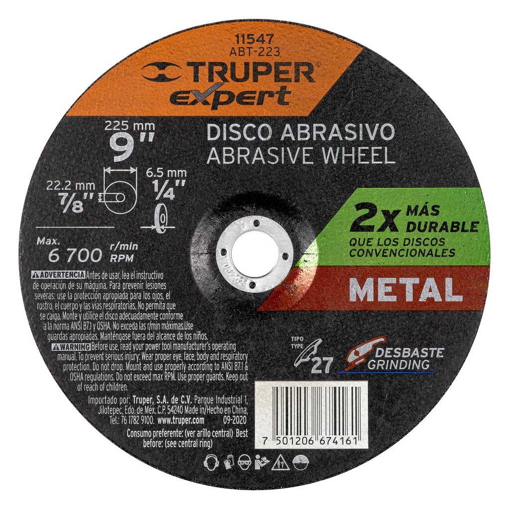 11547 / Disco Tipo 27 de 9' x 6.4 mm desbaste de metal, Expert