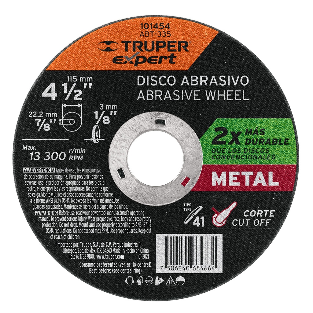 101454 / Disco para corte de metal 4-1/2' tipo 41, Truper Expert