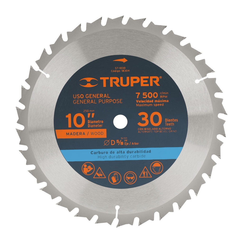 18304 / Disco sierra 10' para madera, 30 dientes centro 5/8', Truper