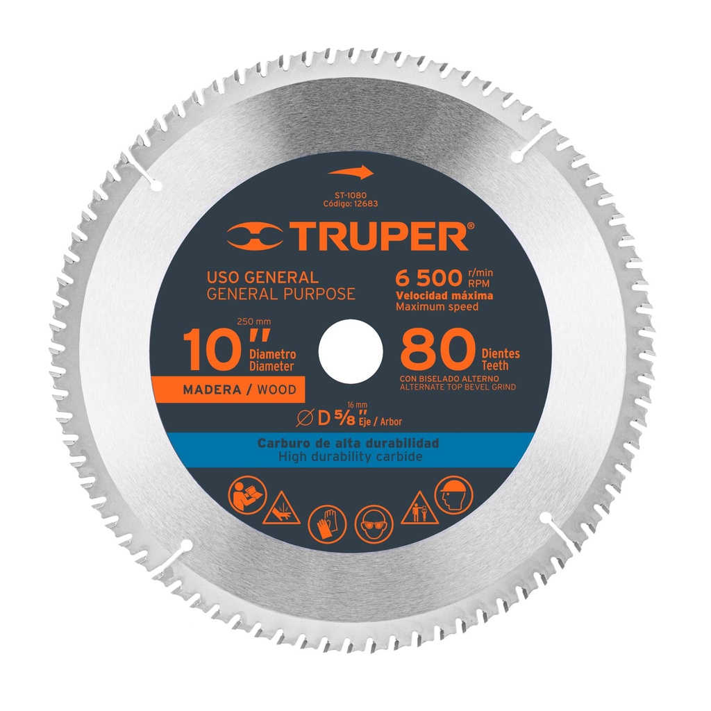 12683 / Disco sierra 10' para madera, 80 dientes centro 5/8', Truper