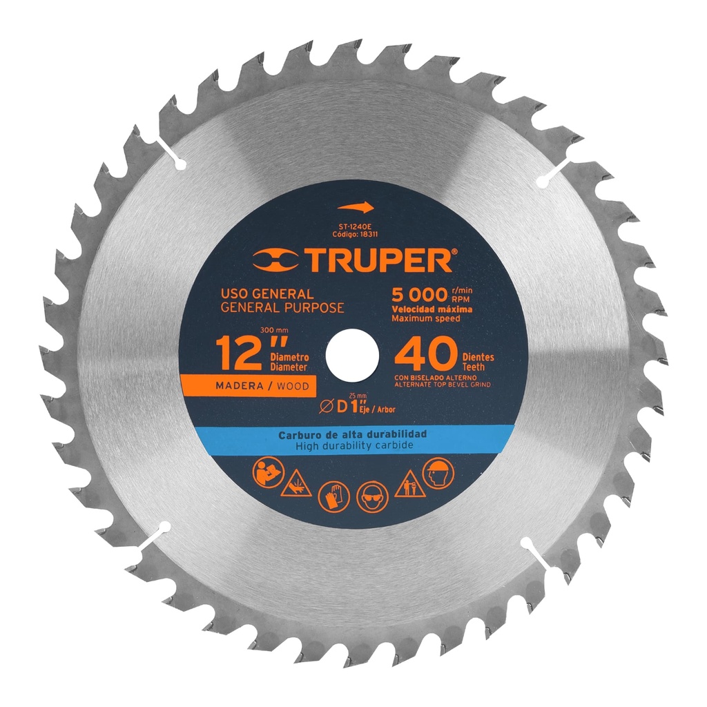 18311 / Disco sierra 12' para madera, 40 dientes centro 1', Truper