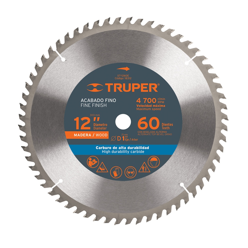 18312 / Disco sierra 12' para madera, 60 dientes centro 1', Truper
