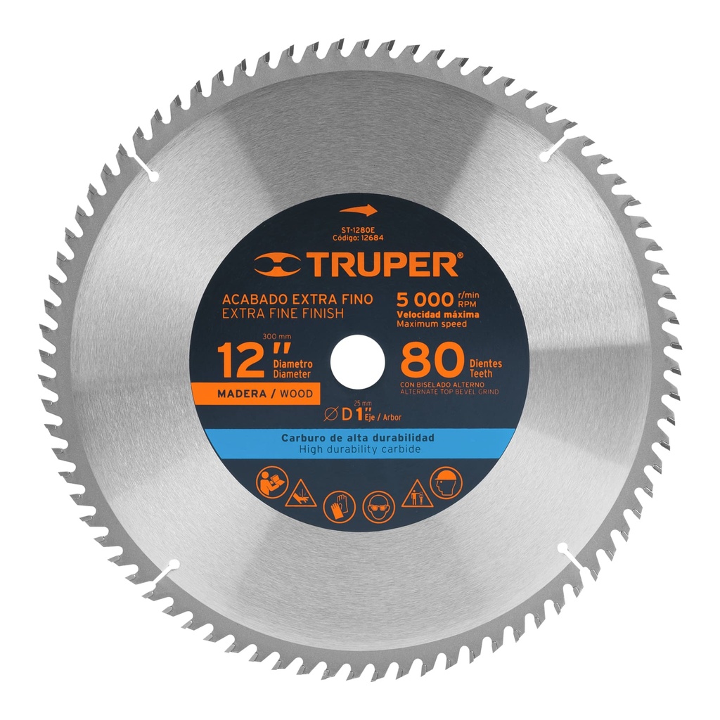 12684 / Disco sierra 12' para madera, 80 dientes centro 1', Truper