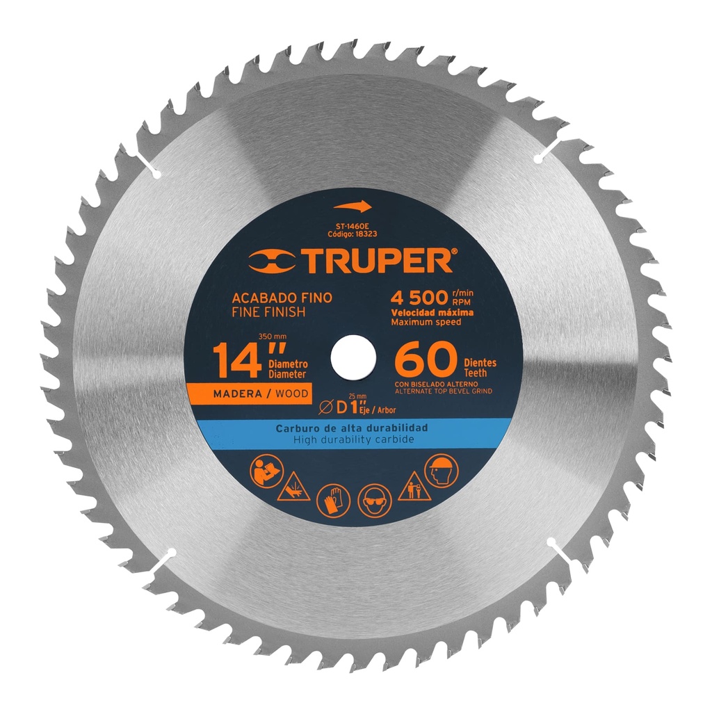 18323 / Disco sierra 14' para madera, 60 dientes centro 1', Truper