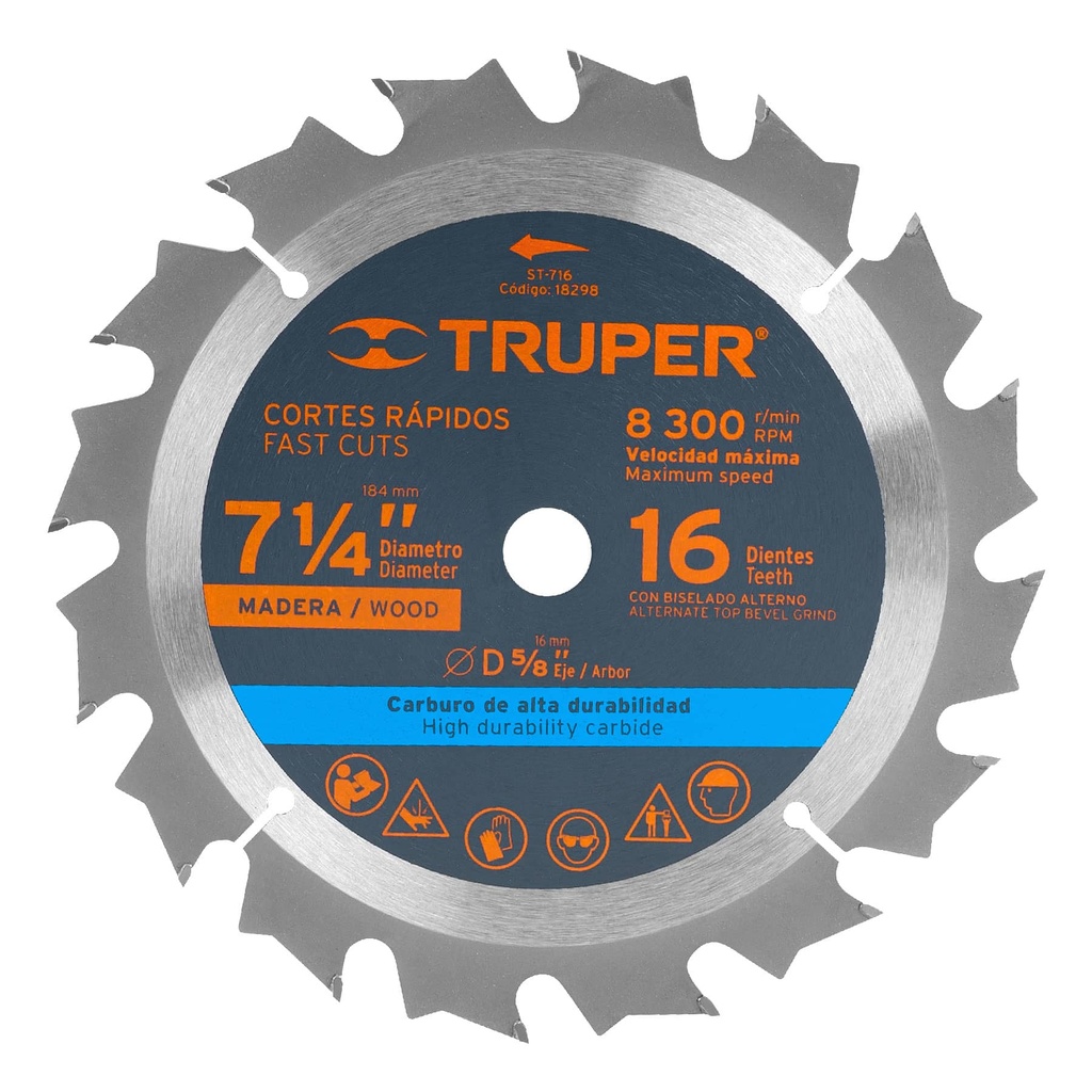 18298 / Disco sierra 7- 1/4' para madera, 16 dientes centro 5/8', Truper