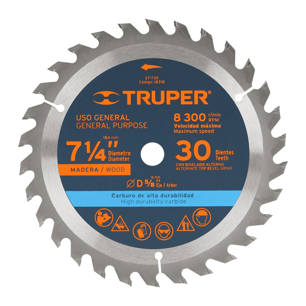 18318 / Disco sierra 7- 1/4' para madera, 30 dientes centro 5/8', Truper