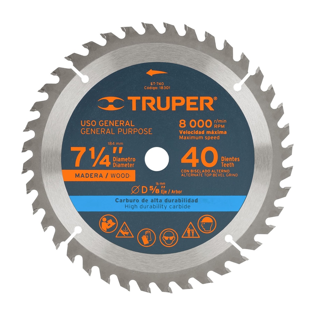 18301 / Disco sierra 7- 1/4' para madera, 40 dientes centro 5/8', Truper