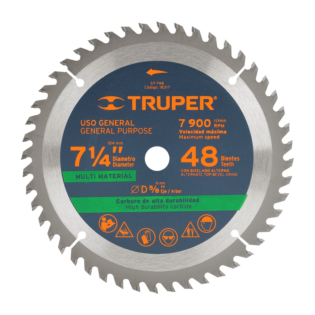 18317 / Disco sierra 7-1/4' multimaterial, 48 dientes centro 5/8', Truper