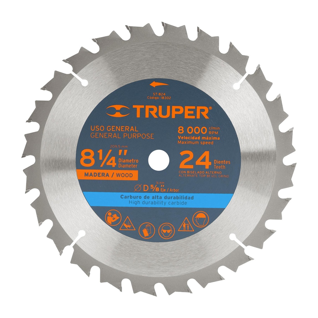 18302 / Disco sierra 8-1/4' para madera, 24 dientes centro 5/8', Truper