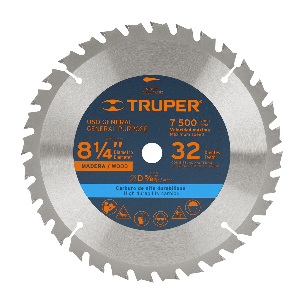 12682 / Disco sierra 8-1/4' para madera, 32 dientes centro 5/8', Truper