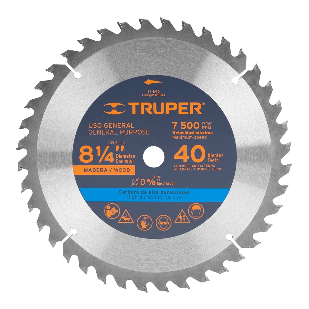 18303 / Disco sierra 8-1/4' para madera, 40 dientes centro 5/8', Truper
