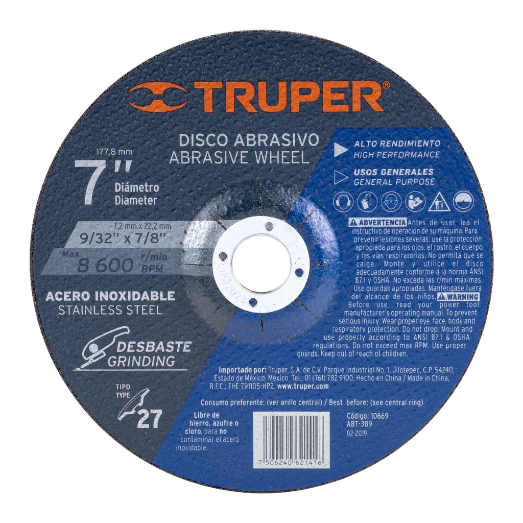 10669 / Disco Tipo 27 de 7' x 7.2 mm desbaste de acero inoxidable, Truper