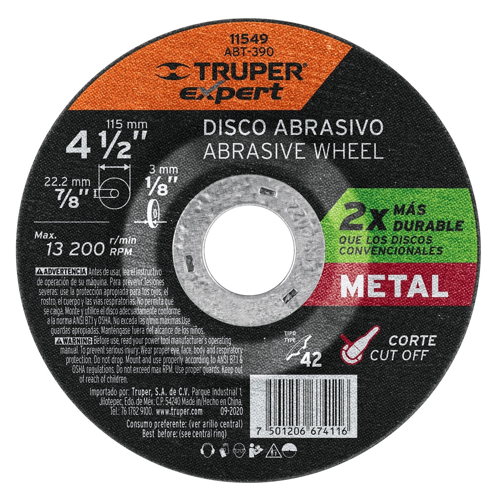 11549 / Disco Tipo 42 de 4-1/2' x 3.2 mm corte metal, Truper Expert