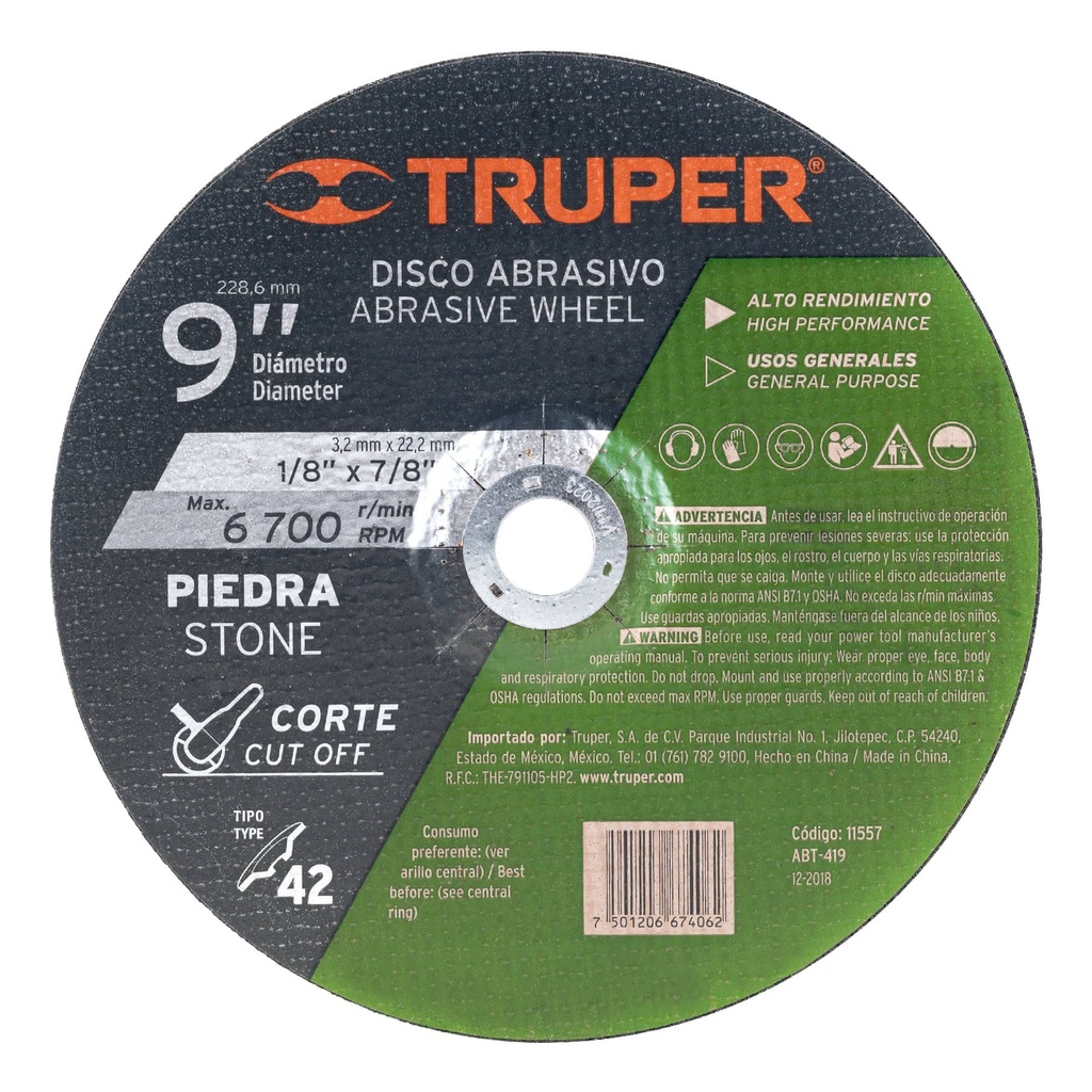 11557 / Disco Tipo 42 de 9' x 3.2 mm para corte de piedra, Truper