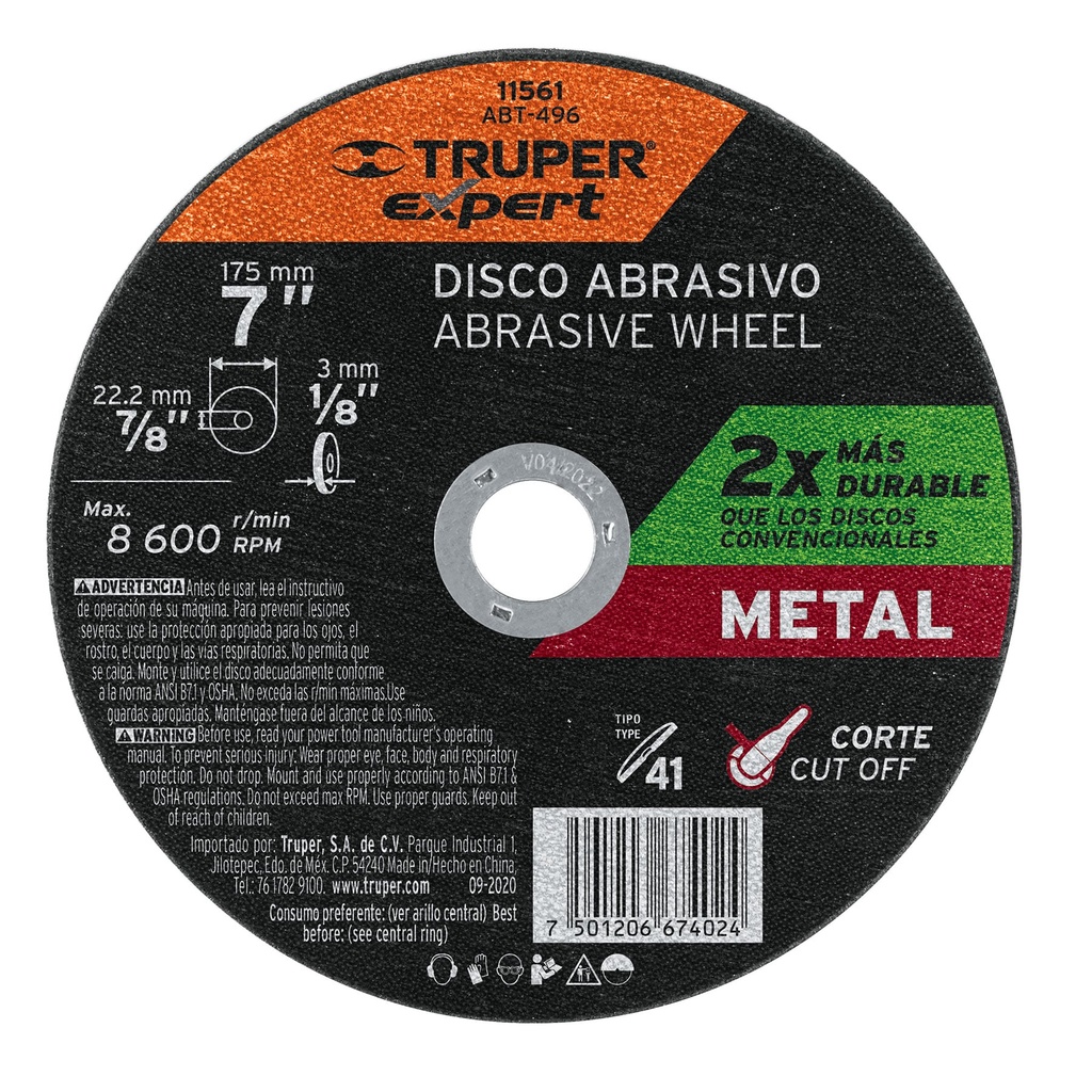 11561 / Disco para corte de metal, tipo 41, diámetro 7' Expert