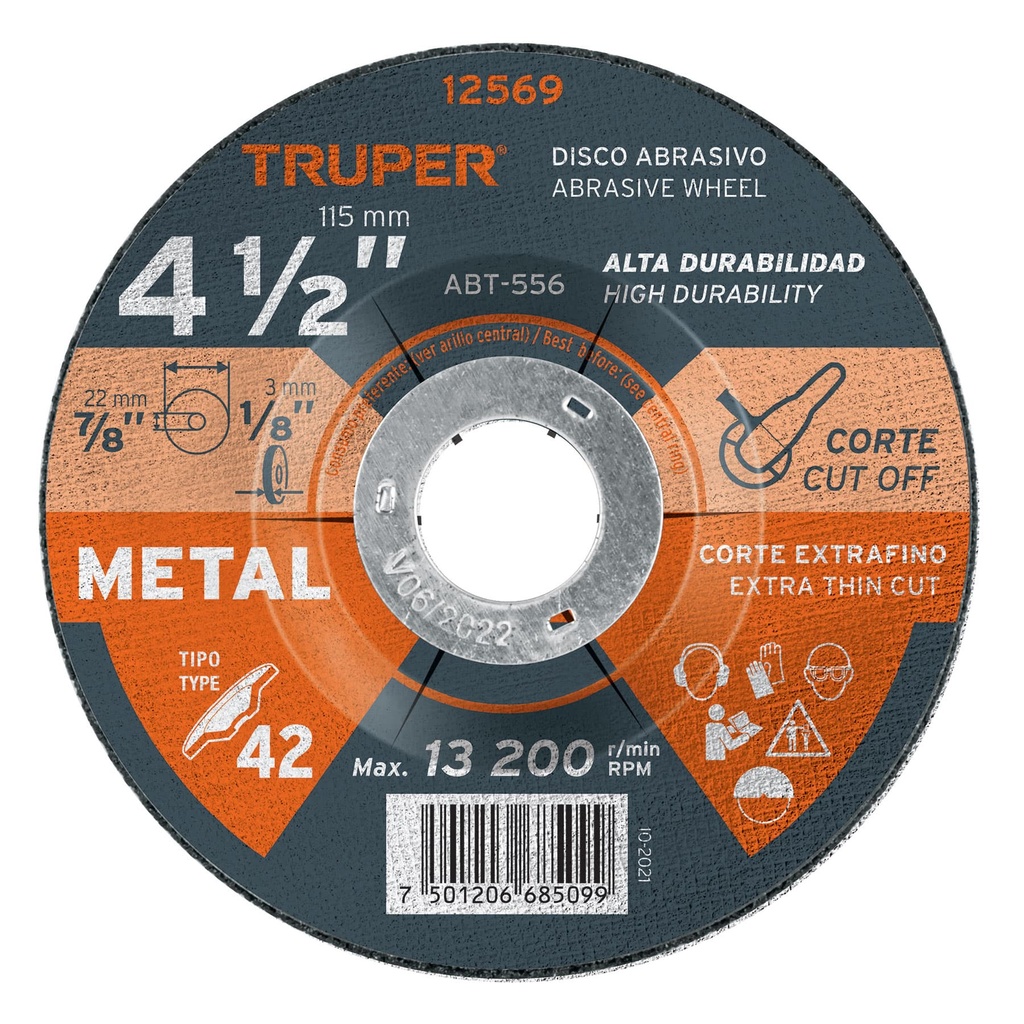 12569 / Disco Tipo 42 de 4-1/2' x 3.2 mm para corte de metal, Truper