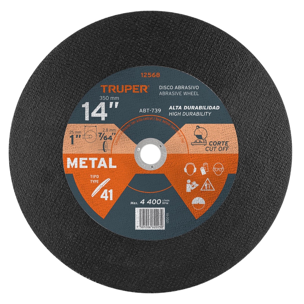 12568 / Disco Tipo 41 de 14' x 2.8 mm para corte de metal, Truper