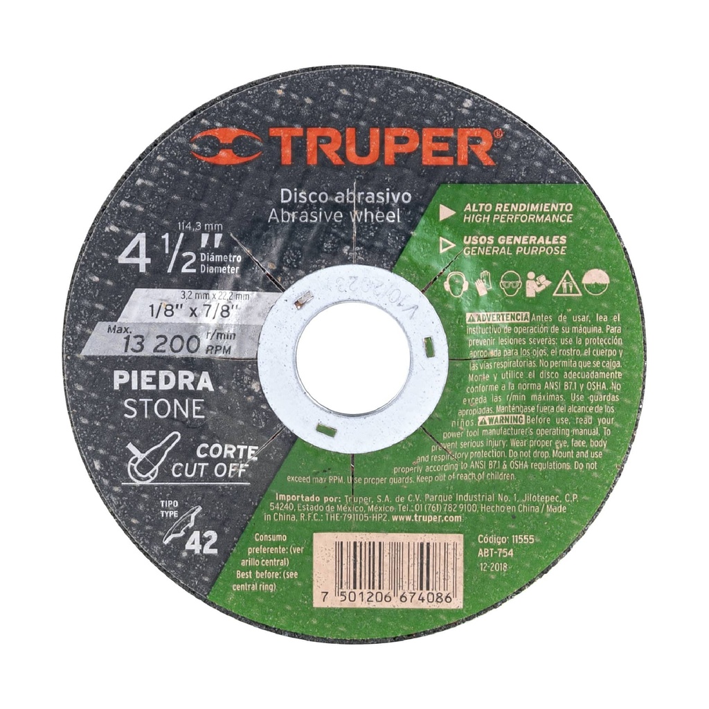 11555 / Disco Tipo 42 de 4-1/2' x 3.2 mm para corte de piedra, Truper