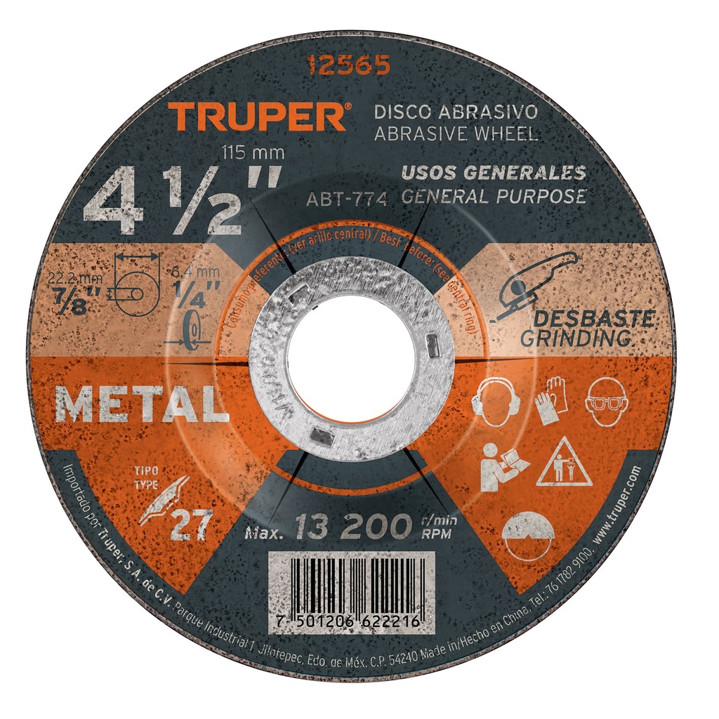 12565 / Disco Tipo 27 de 4-1/2' x 6.4 mm para desbaste de metal, Truper