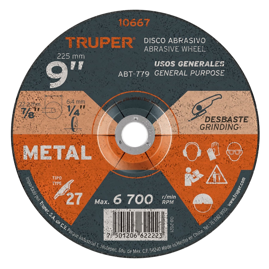 10667 / Disco Tipo 27 de 9' x 6.4 mm para desbaste de metal, Truper