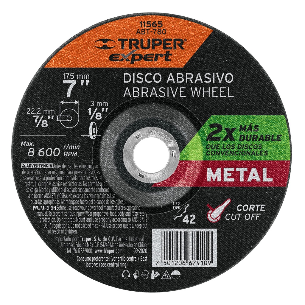 11565 / Disco Tipo 42 de 7' x 3.2 mm corte metal, Truper Expert
