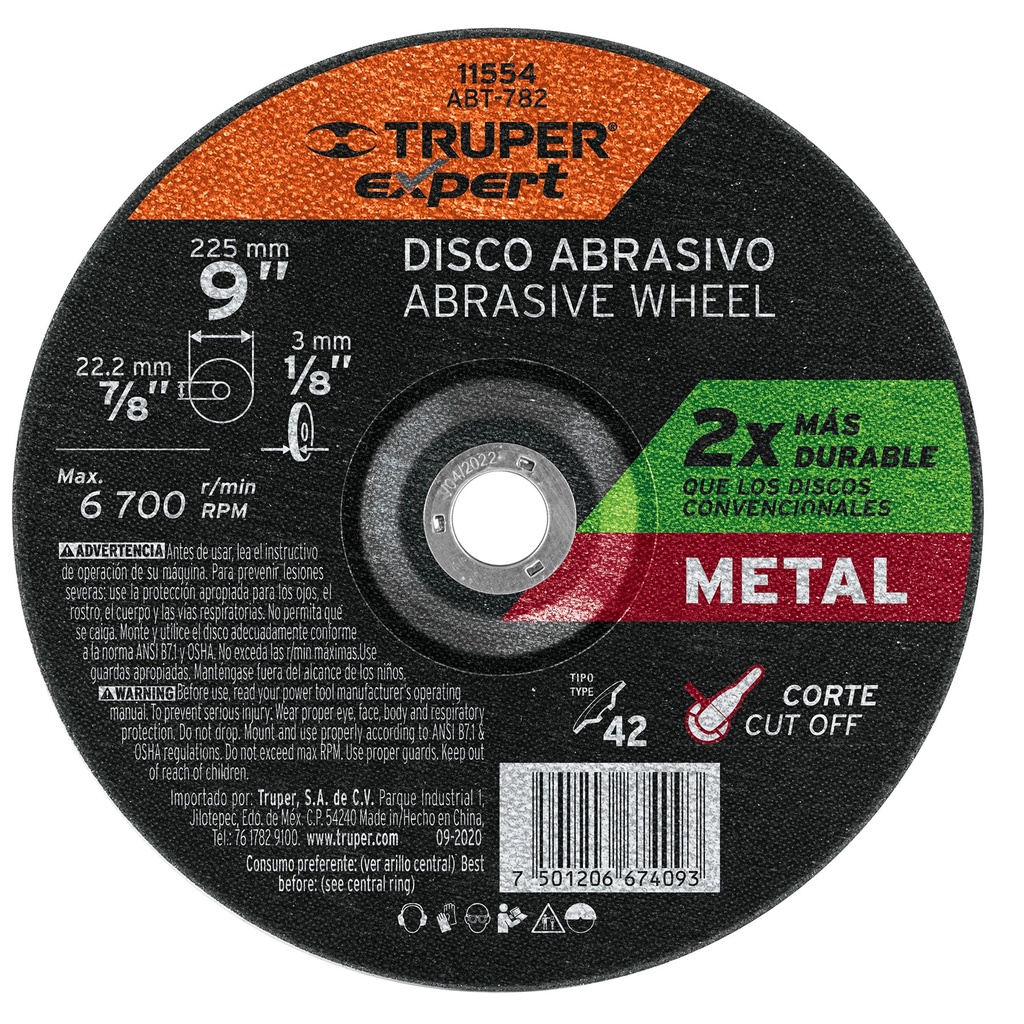 11554 / Disco Tipo 42 de 9' x 3.2 mm corte metal, Truper Expert