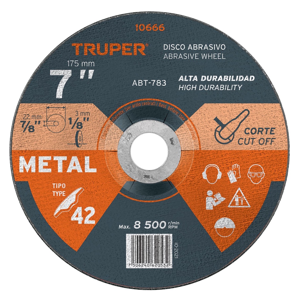 10666 / Disco Tipo 42 de 7' x 3.2 mm para corte de metal, Truper