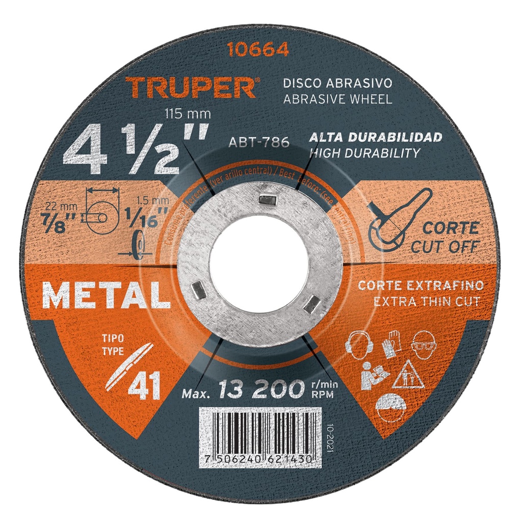 10664 / Disco de 4-1/2' para corte de metal, tipo 41, Truper