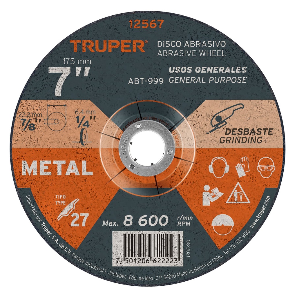 12567 / Disco Tipo 27 de 7' x 6.4 mm para desbaste de metal, Truper