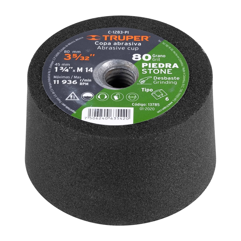 13785 / Copa desbaste de piedra 3-5/32' grano 80, eje M14, Truper