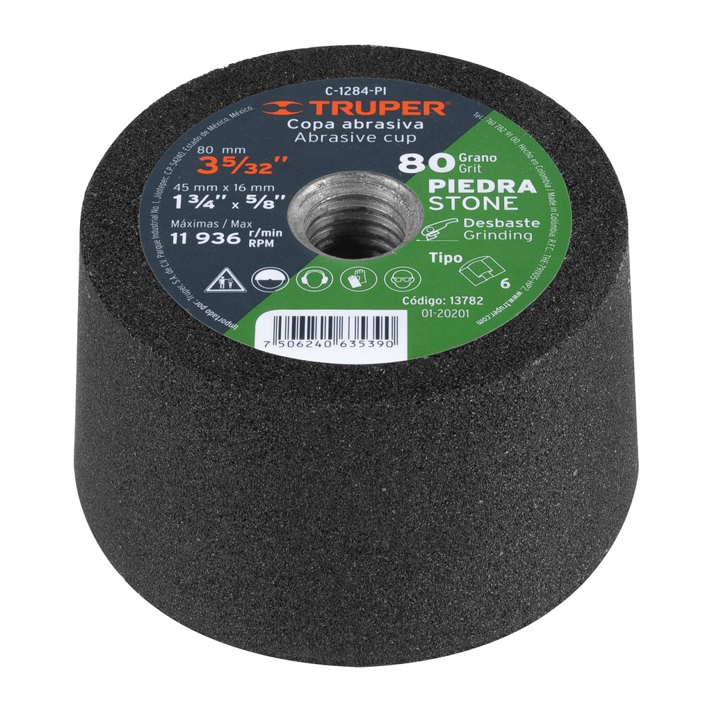 13782 / Copa desbaste de piedra 3-5/32' grano 80, eje 5/8-11, Truper