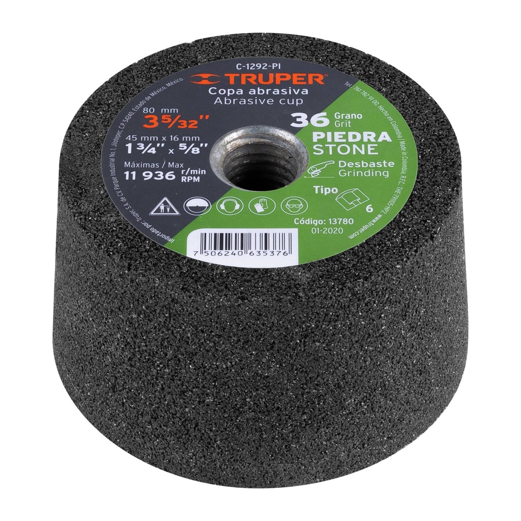 13780 / Copa desbaste de piedra 3-5/32' grano 36, eje 5/8-11, Truper