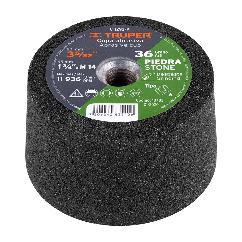13783 / Copa desbaste de piedra 3-5/32' grano 36, eje M14, Truper