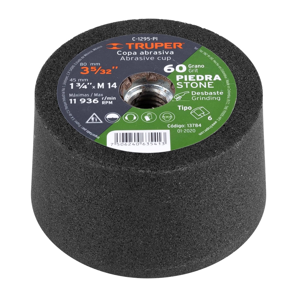 13784 / Copa desbaste de piedra 3-5/32' grano 60, eje M14, Truper