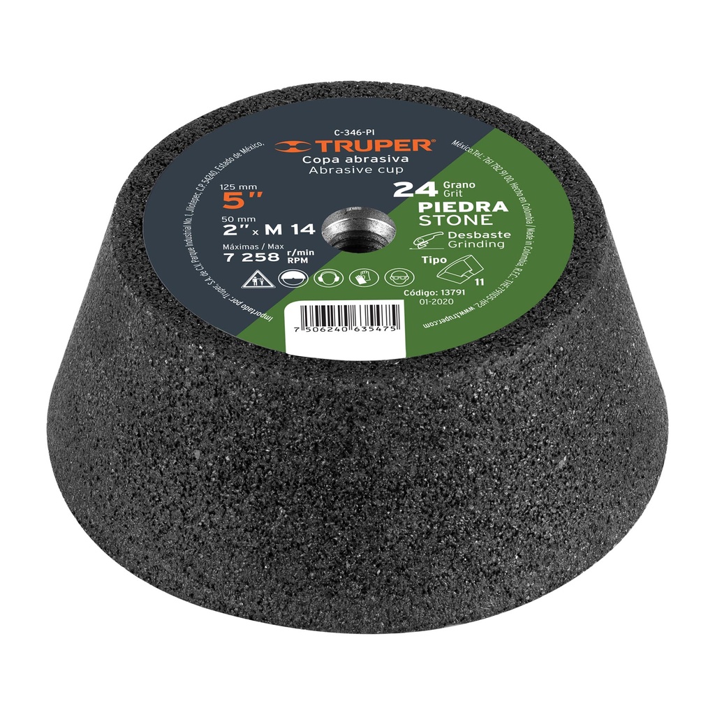 13791 / Copa desbaste de piedra 5' grano 24, eje M14, Truper