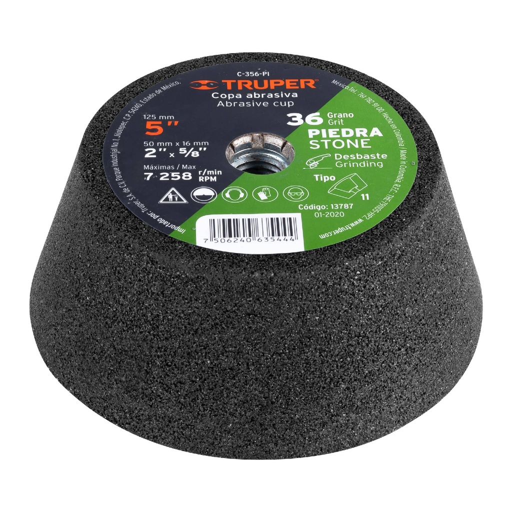 13787 / Copa desbaste de piedra 5' grano 36, eje 5/8-11, Truper