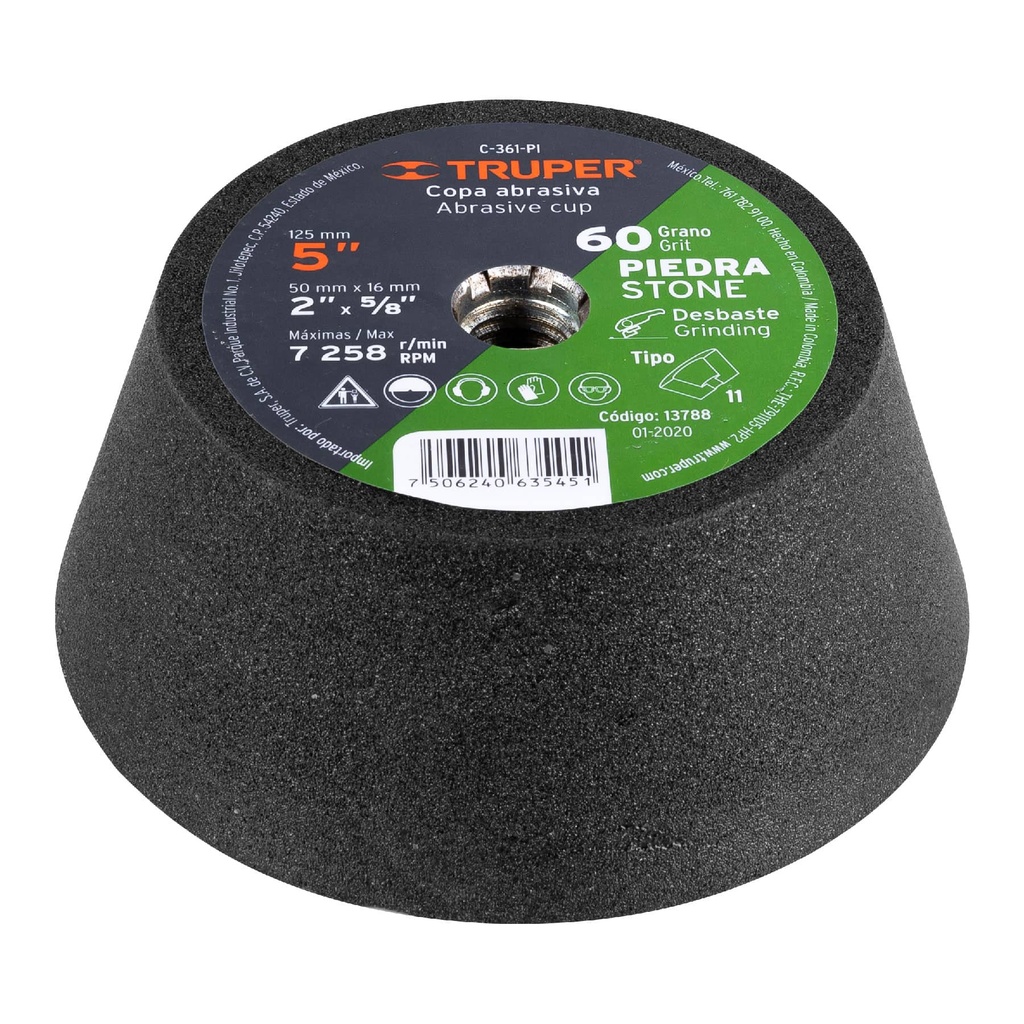 13788 / Copa desbaste de piedra 5' grano 60, eje 5/8-11, Truper