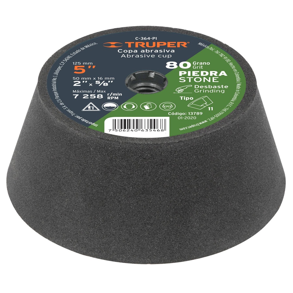 13789 / Copa desbaste de piedra 5' grano 80, eje 5/8-11, Truper