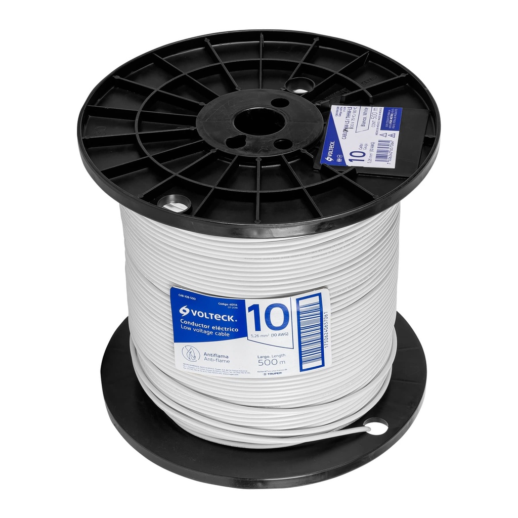 40114 / Metro de cable THHW-LS 10 AWG blanco en carrete de 500 m, Volteck