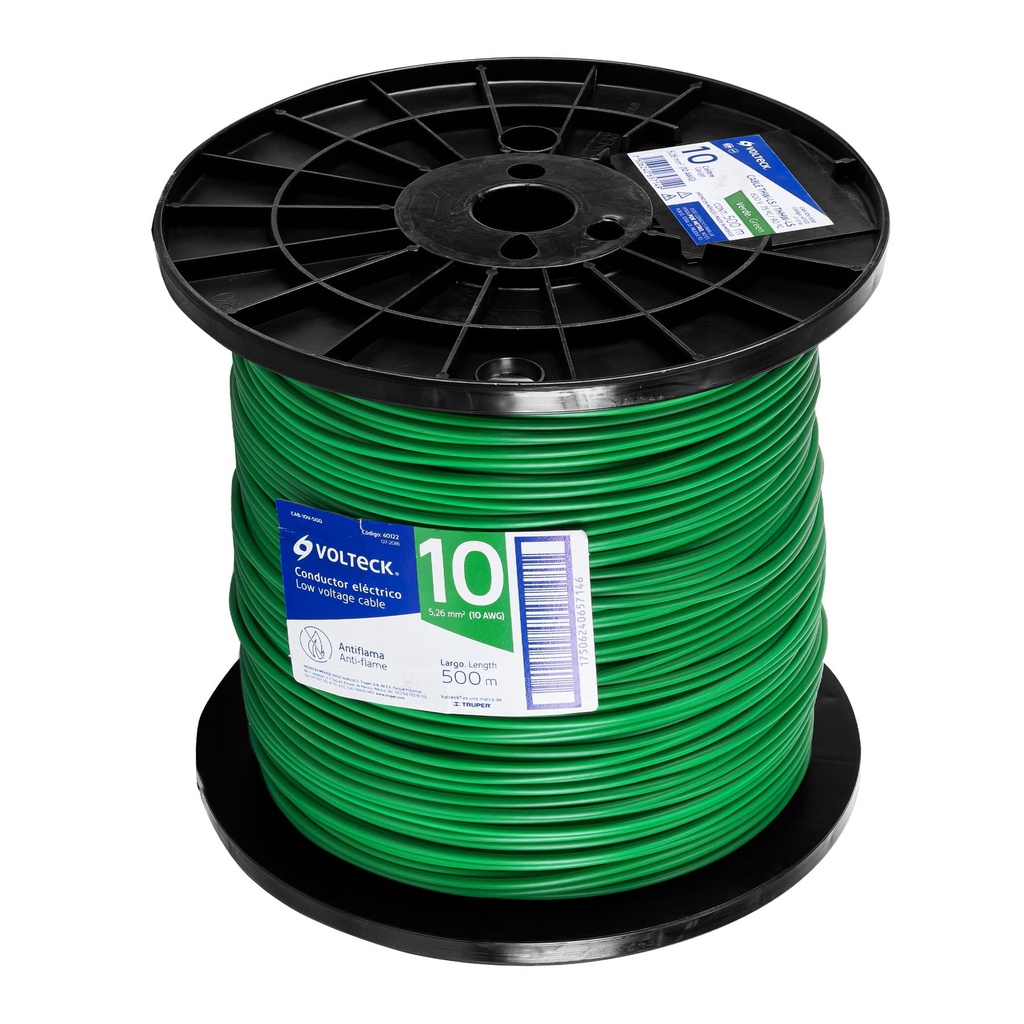 40122 / Metro de cable THHW-LS 10 AWG verde en carrete de 500 m, Volteck