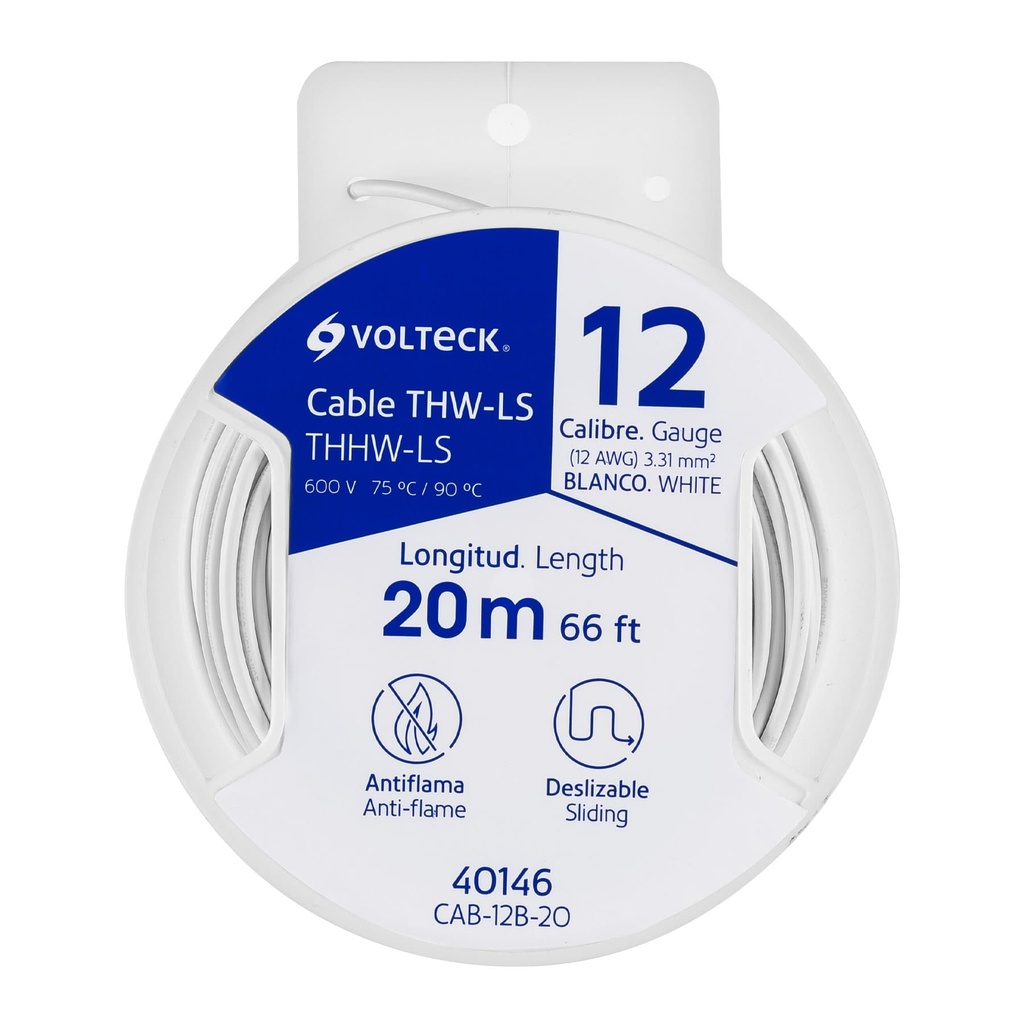 40146 / Carrete con 20 m de cable THHW-LS 12 AWG blanco, Volteck