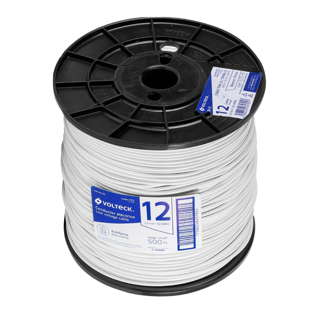 40113 / Metro de cable THHW-LS 12 AWG blanco en carrete de 500 m, Volteck