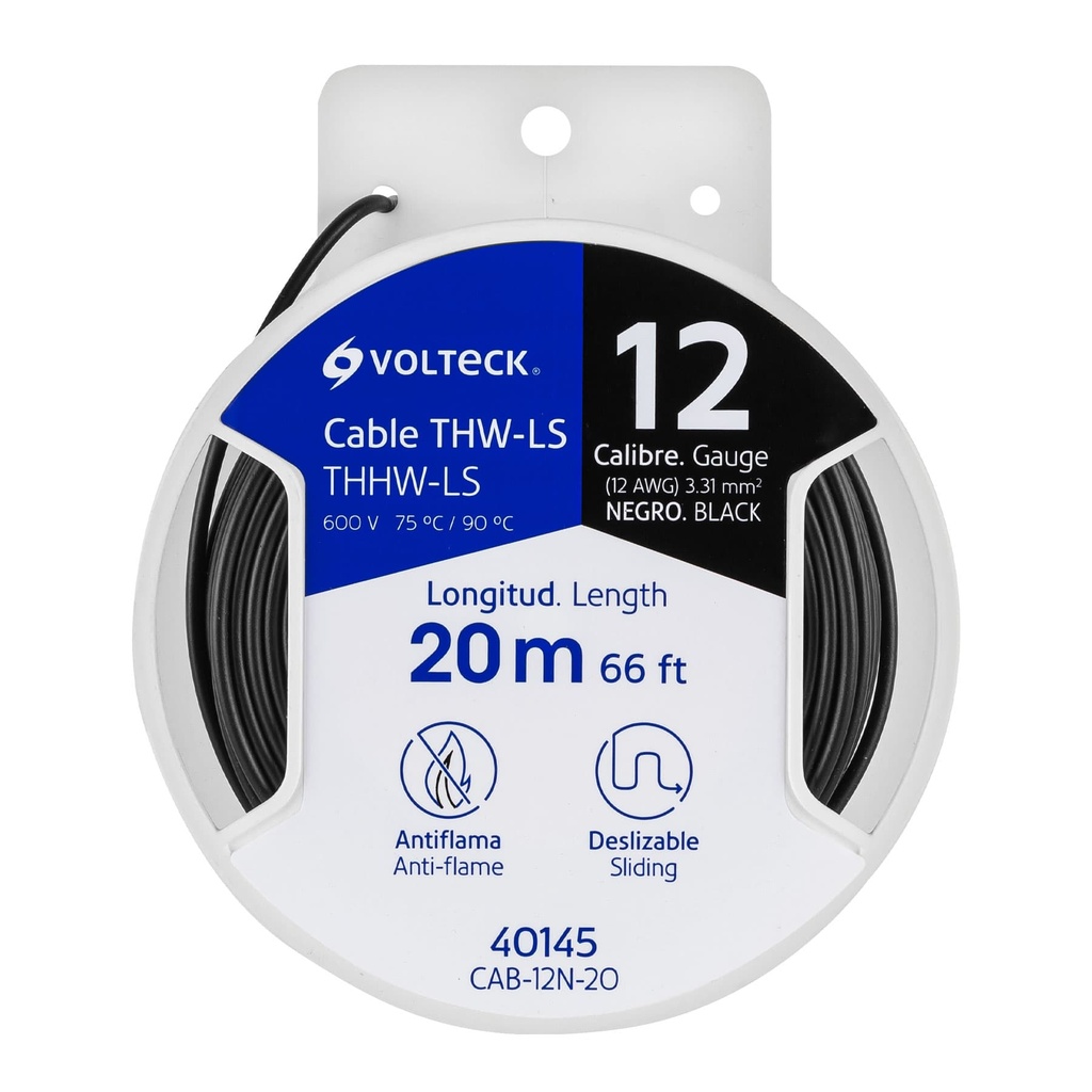 40145 / Carrete con 20 m de cable THHW-LS 12 AWG negro, Volteck