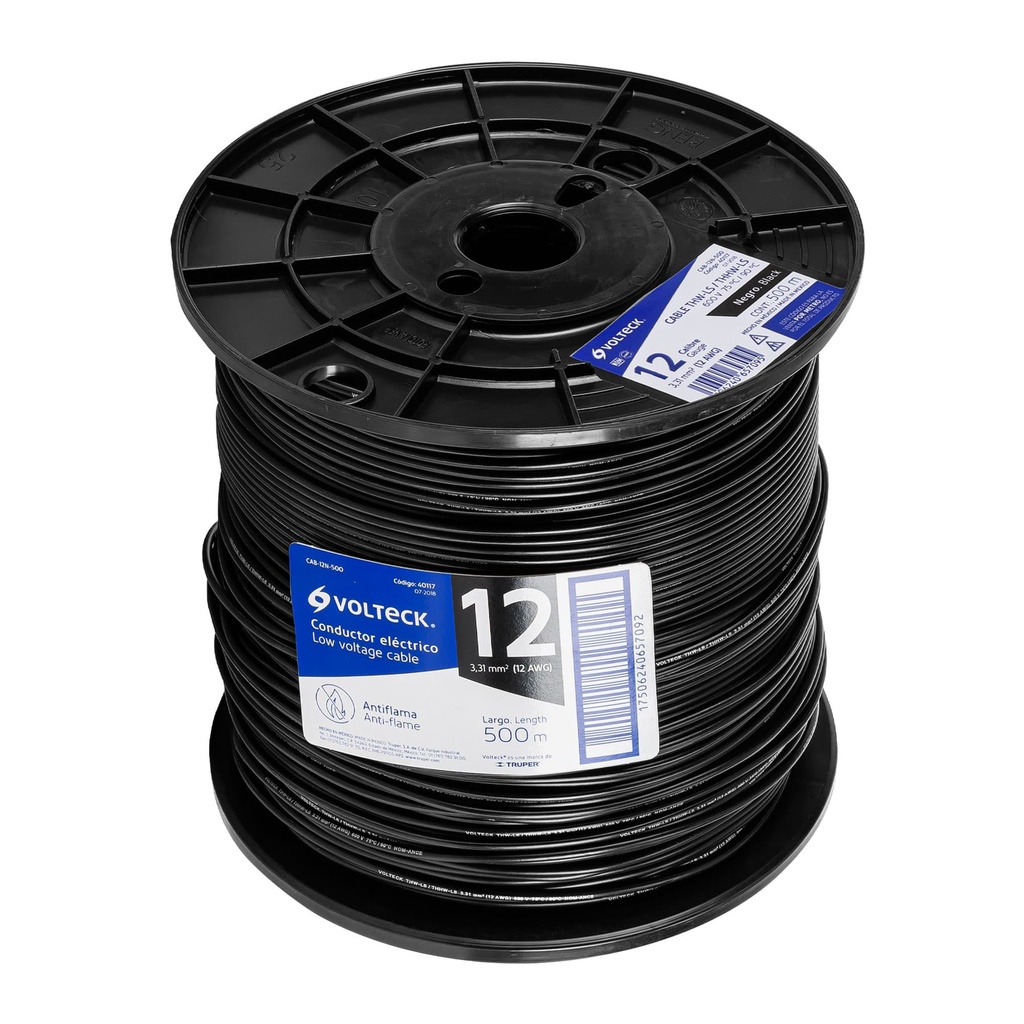 40117 / Metro de cable THHW-LS 12 AWG negro en carrete de 500 m, Volteck