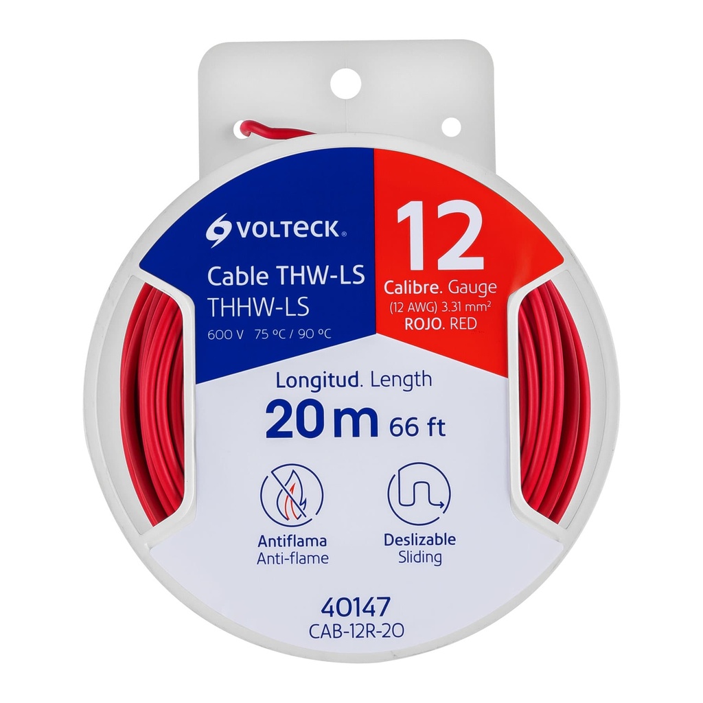 40147 / Carrete con 20 m de cable THHW-LS 12 AWG rojo, Volteck