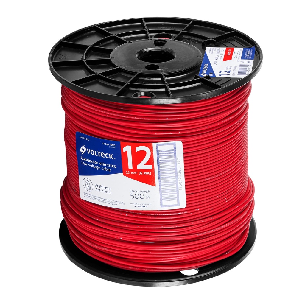 40125 / Metro de cable THHW-LS 12 AWG rojo en carrete de 500 m, Volteck