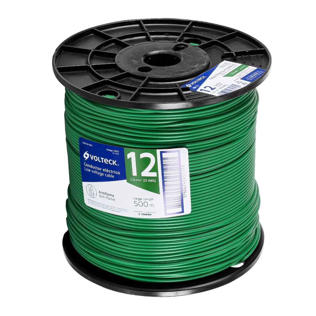 40121 / Metro de cable THHW-LS 12 AWG verde en carrete de 500 m, Volteck