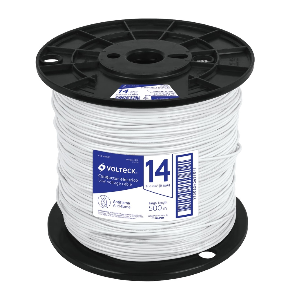 40112 / Metro de cable THHW-LS 14 AWG blanco en carrete de 500 m, Volteck