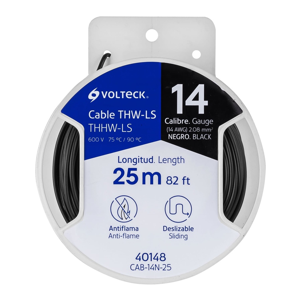 40148 / Carrete con 25 m de cable THHW-LS 14 AWG negro, Volteck
